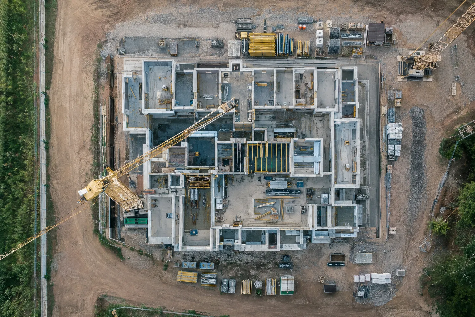 Baustelle von oben mit Kran