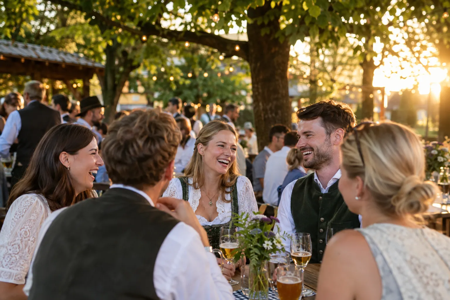 Gäste bei einer Sommerfeier im Biergarten