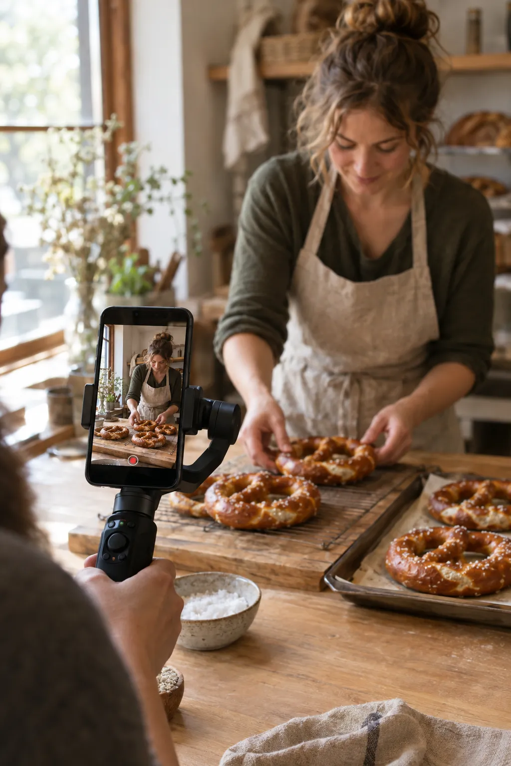 Content-Dreh mit Smartphone und Gimbal in einer Bäckerei